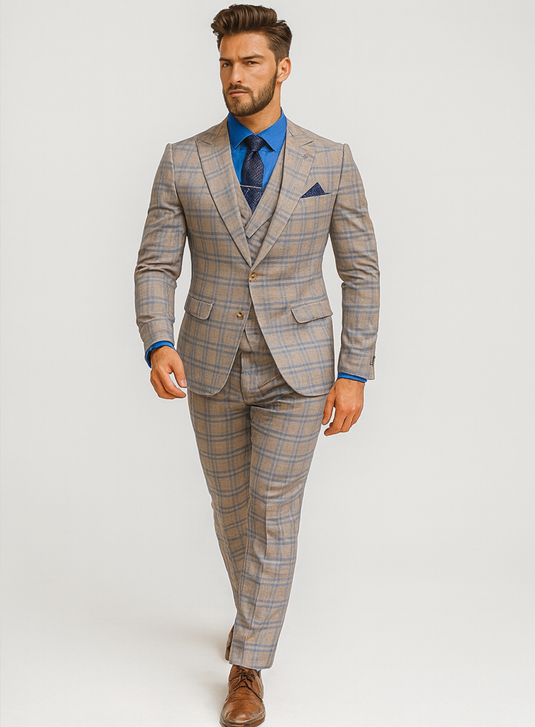 Light Plaid 3-Piece Suit with Vest for Men