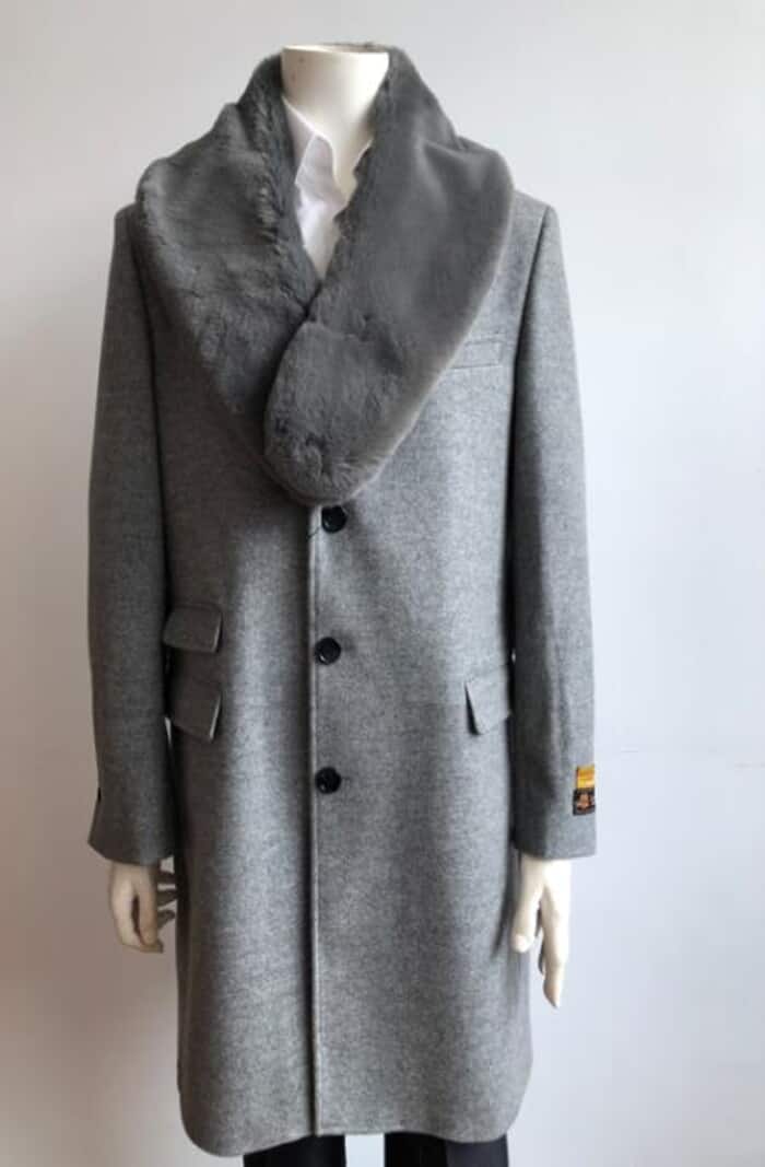 Men's Wool Peacoat with Fur Collar - LT Gray