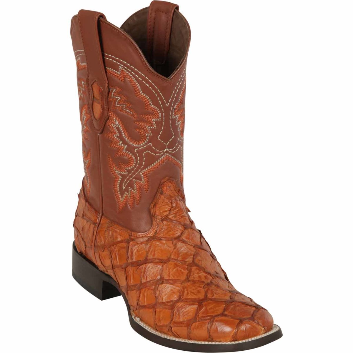 Monster Fish Skin Wide Square Toe Boots Cognac