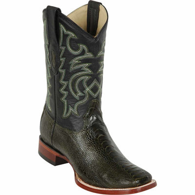 Ostrich Leg Wide Square Toe Boots Olive Green