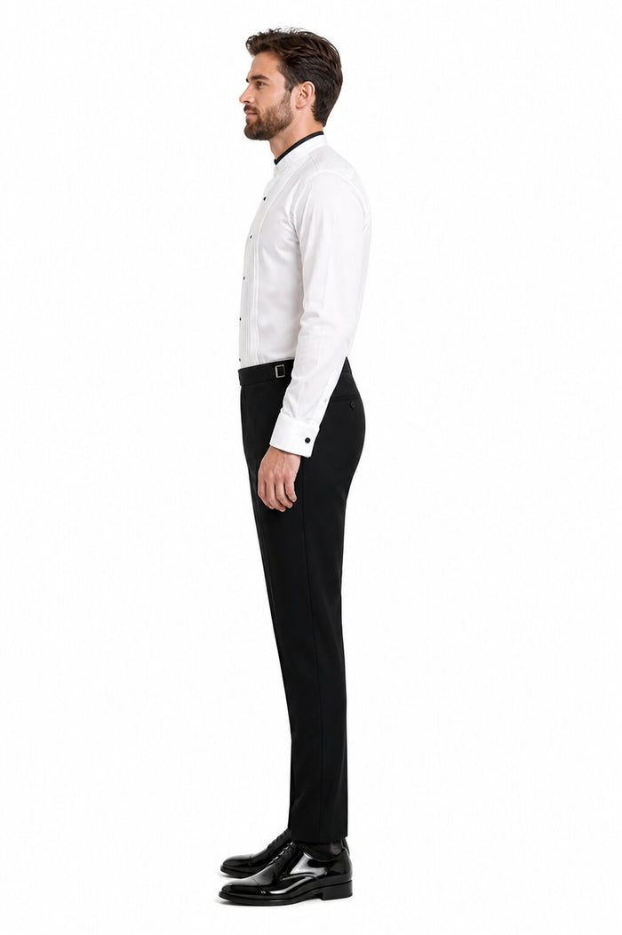 Black Banded Pleat Front Mandarin Shirt - White