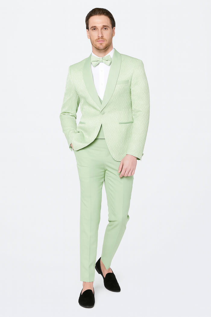 Mint Green Slim Fit Shawl Lapel Tuxedo With Bow Tie