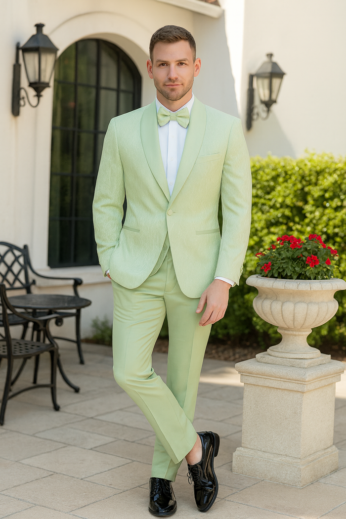 Mint Green Slim Fit Shawl Lapel Tuxedo With Bow Tie