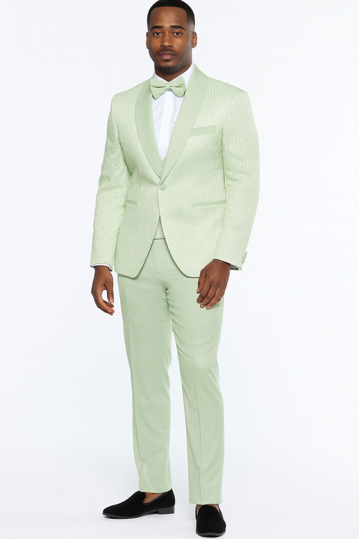 Mint Green Slim Fit Shawl Lapel Tuxedo With Bow Tie