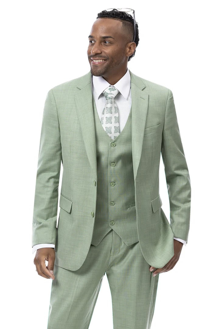 Modern Fit Sharkskin Vested Suit in Moss Green