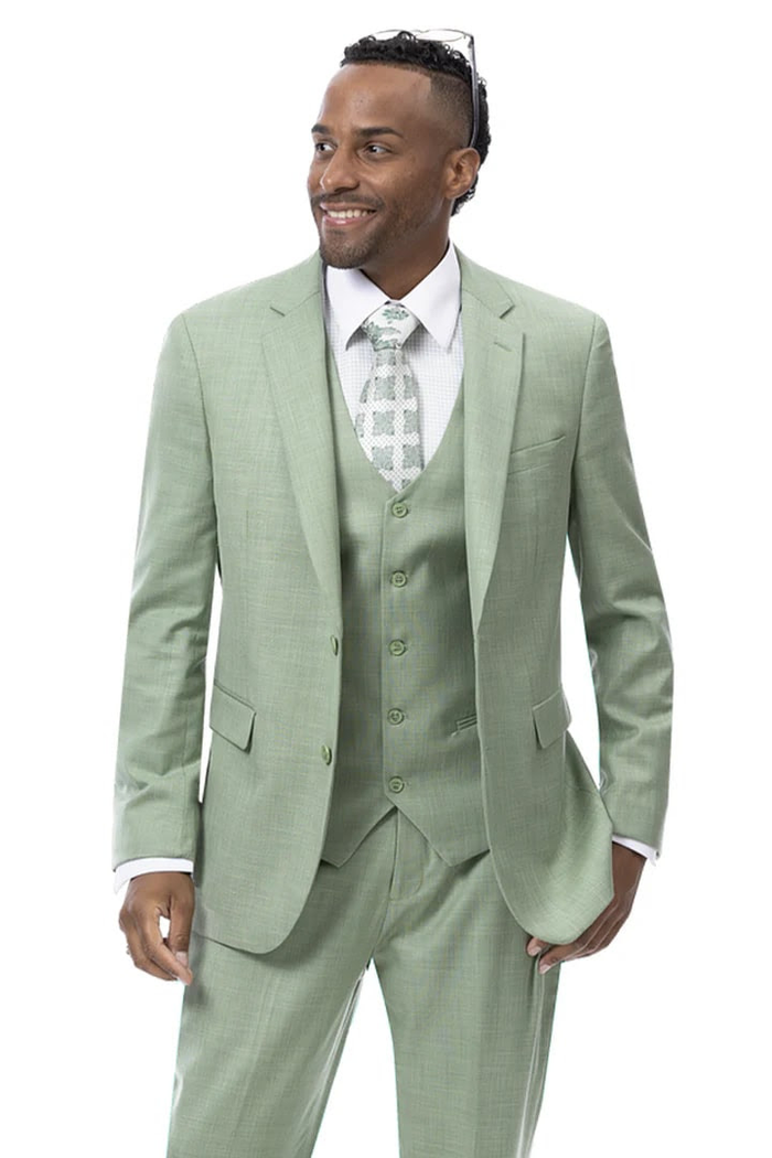 Modern Fit Sharkskin Vested Suit in Moss Green