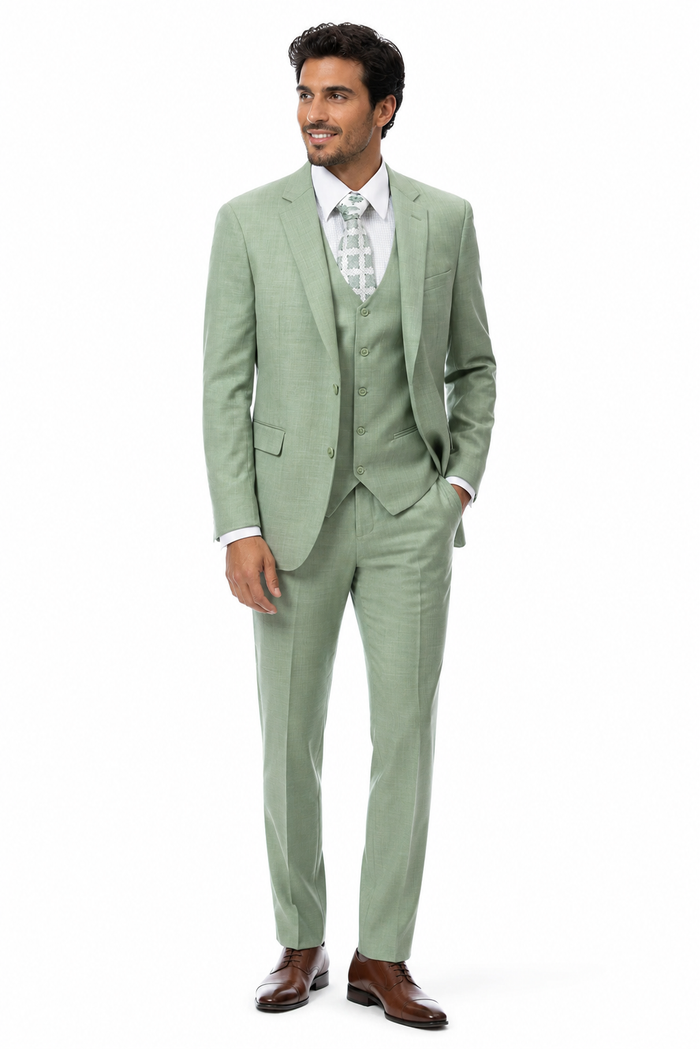 Modern Fit Moss Green Sharkskin Suit with Vest