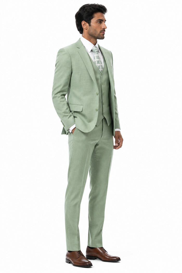 Modern Fit Sharkskin Vested Suit in Moss Green