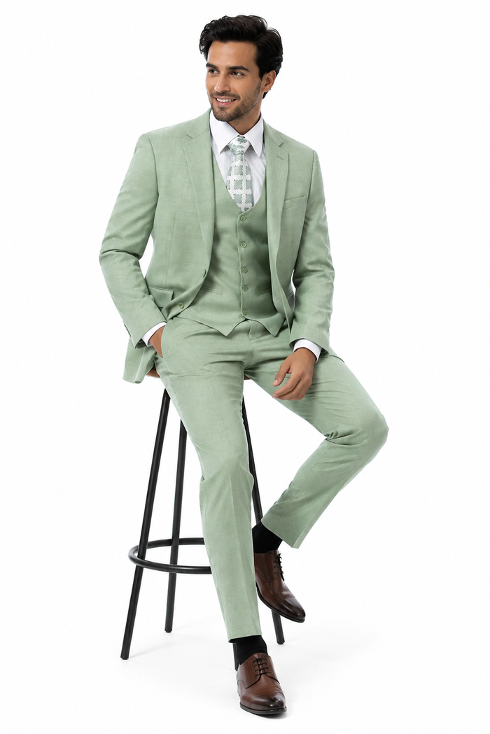 Modern Fit Moss Green Sharkskin Suit with Vest