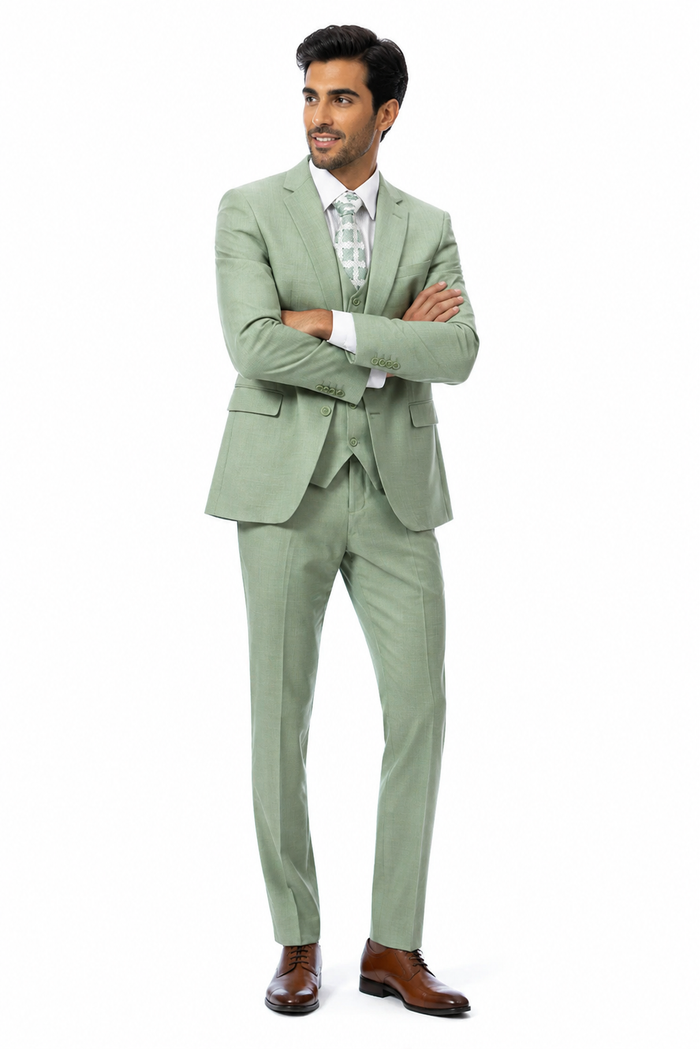 Modern Fit Sharkskin Vested Suit in Moss Green