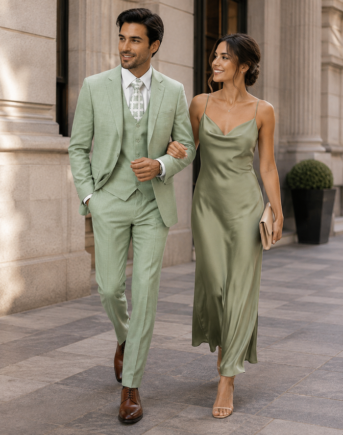 Modern Fit Sharkskin Vested Suit in Moss Green