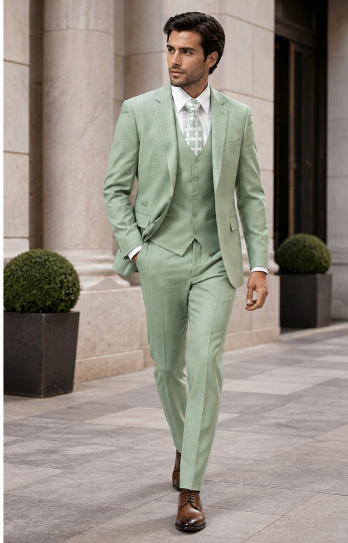 Modern Fit Sharkskin Vested Suit in Moss Green
