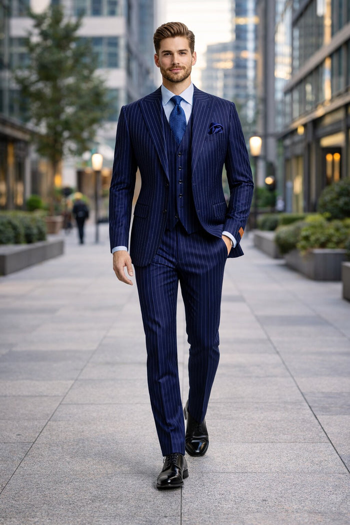Men's Navy Peak Lapel Modern Fit Vested Suit
