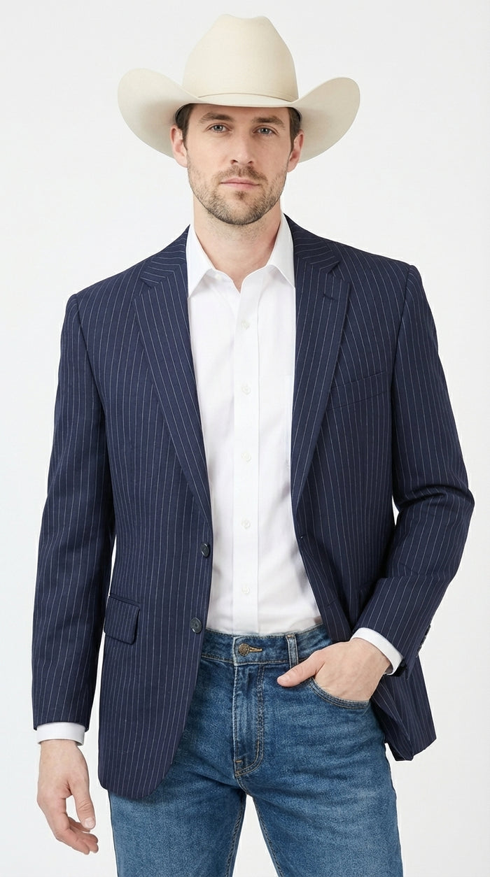 Mens Navy Blue Pinstripe Western Blazer – Classic Cowboy Style Jacket for Business, Formal and Smart Casual Wear