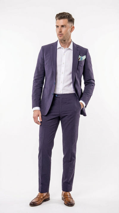 Mens Navy Blue Seersucker Suit – Cotton Fabric Shadow Pattern Ton on Tone Textured Two Button Notch Lapel Formal Summer Suit
