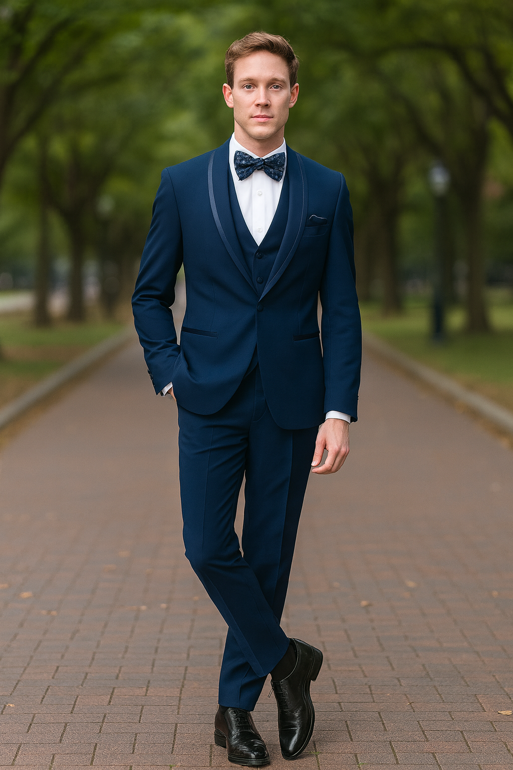 Navy Blue Shawl Lapel Tuxedo with Bow Tie