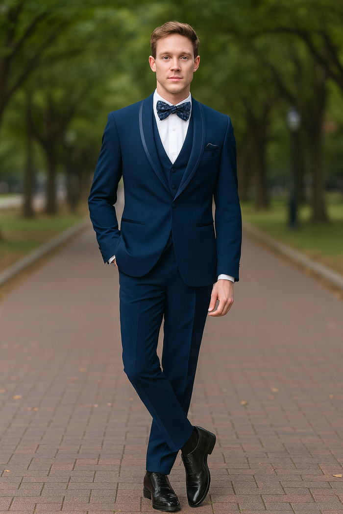 Navy Blue Shawl Lapel Tuxedo with Bow Tie