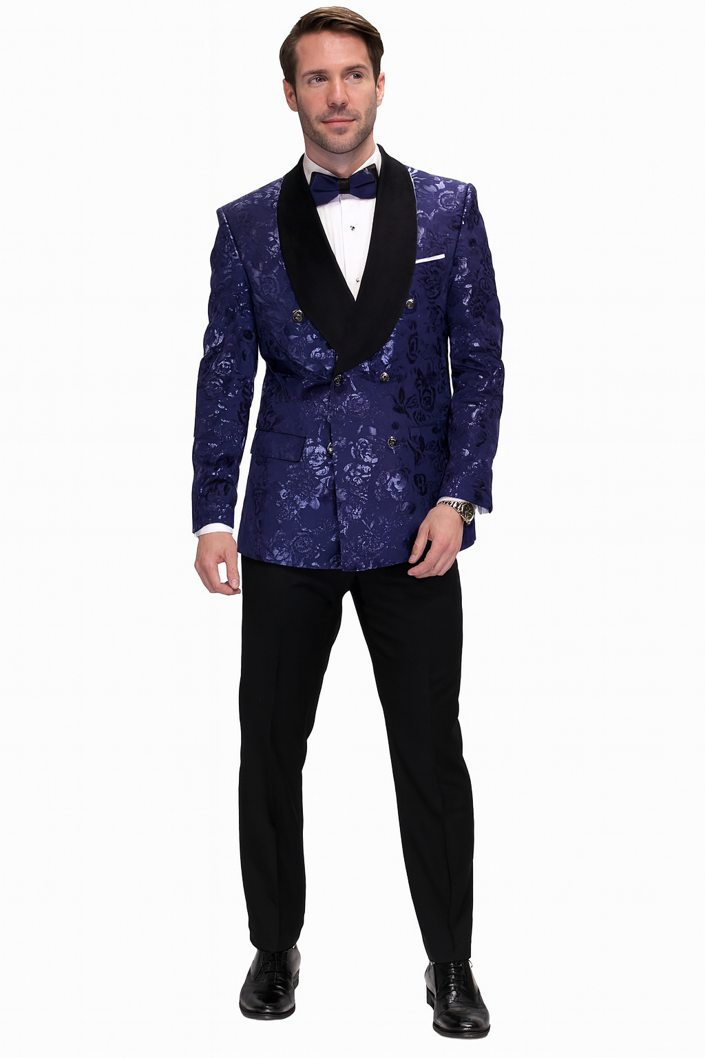 Navy Floral Jacquard Double Breasted Tuxedo Jacket
