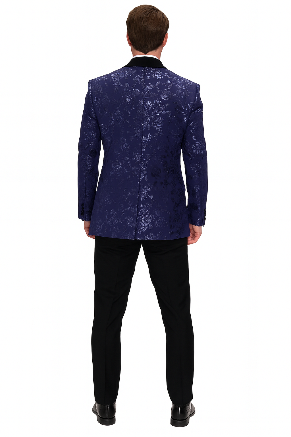 Men’s Navy Floral Jacquard Tuxedo Jacket – Double Breasted Blazer with Black Shawl Lapel