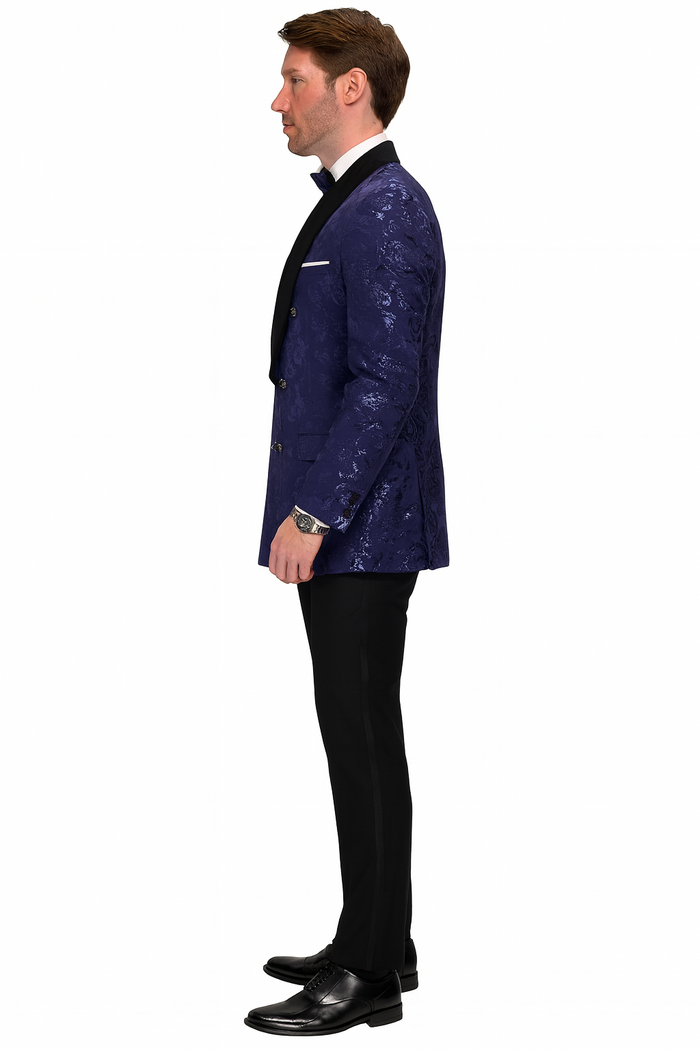 Navy Floral Jacquard Double Breasted Tuxedo Jacket