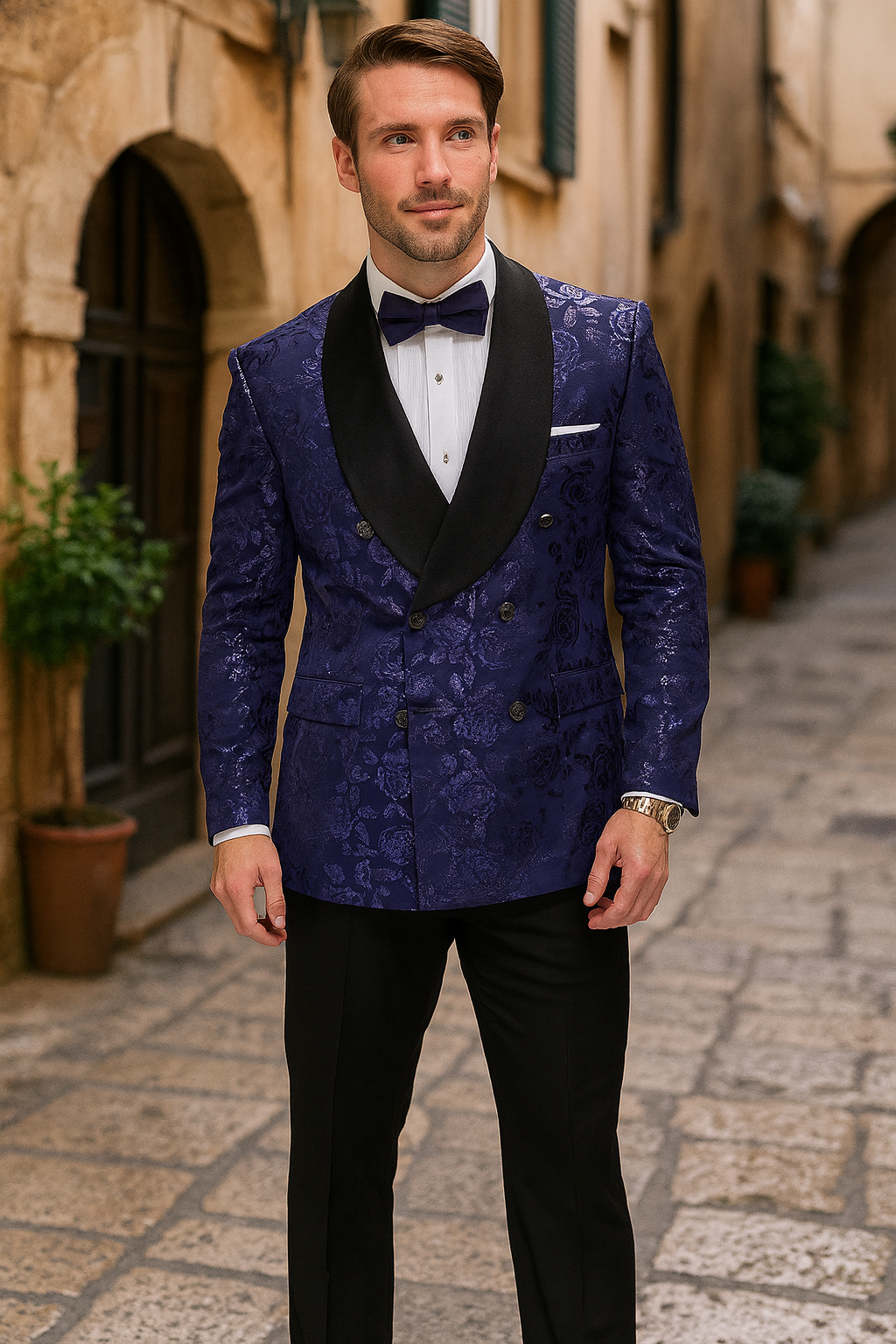 Men’s Navy Floral Jacquard Tuxedo Jacket – Double Breasted Blazer with Black Shawl Lapel