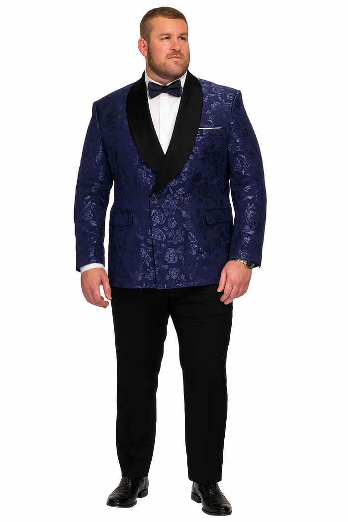Navy Floral Jacquard Double Breasted Tuxedo Jacket