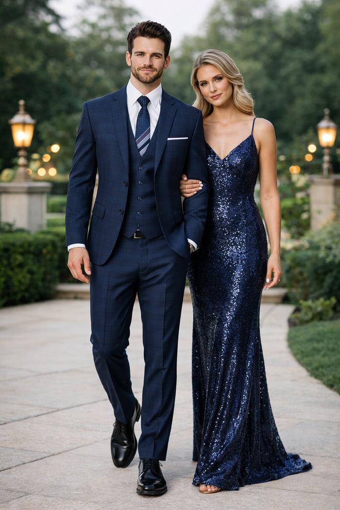 Men’s Navy Plaid Vested Suit – Classic Pattern 3-Piece Formal Ensemble