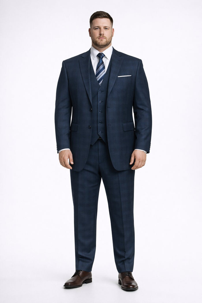 Men’s Navy Plaid Vested Suit – Classic Pattern 3-Piece Formal Ensemble