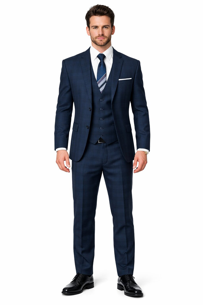 Men’s Navy Plaid Vested Suit – Classic Pattern 3-Piece Formal Ensemble