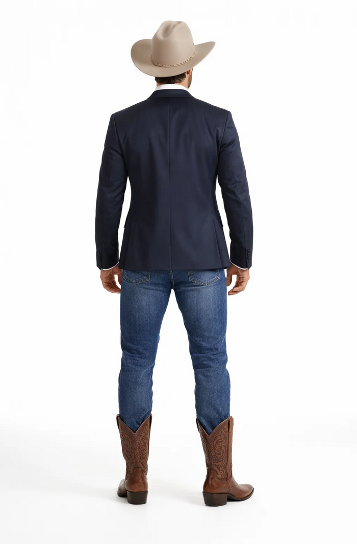Mens Navy Western Suit Blazer with Double-Breasted Vest – Modern Cowboy Formal Outfit
