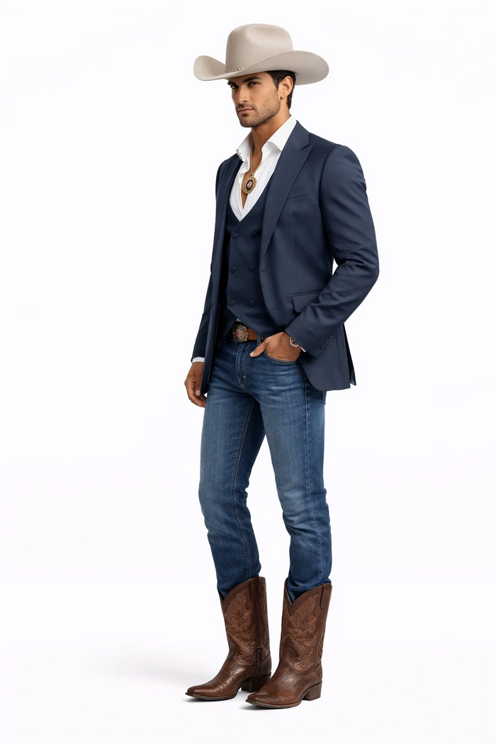 Mens Navy Western Suit Blazer with Double-Breasted Vest – Modern Cowboy Formal Outfit
