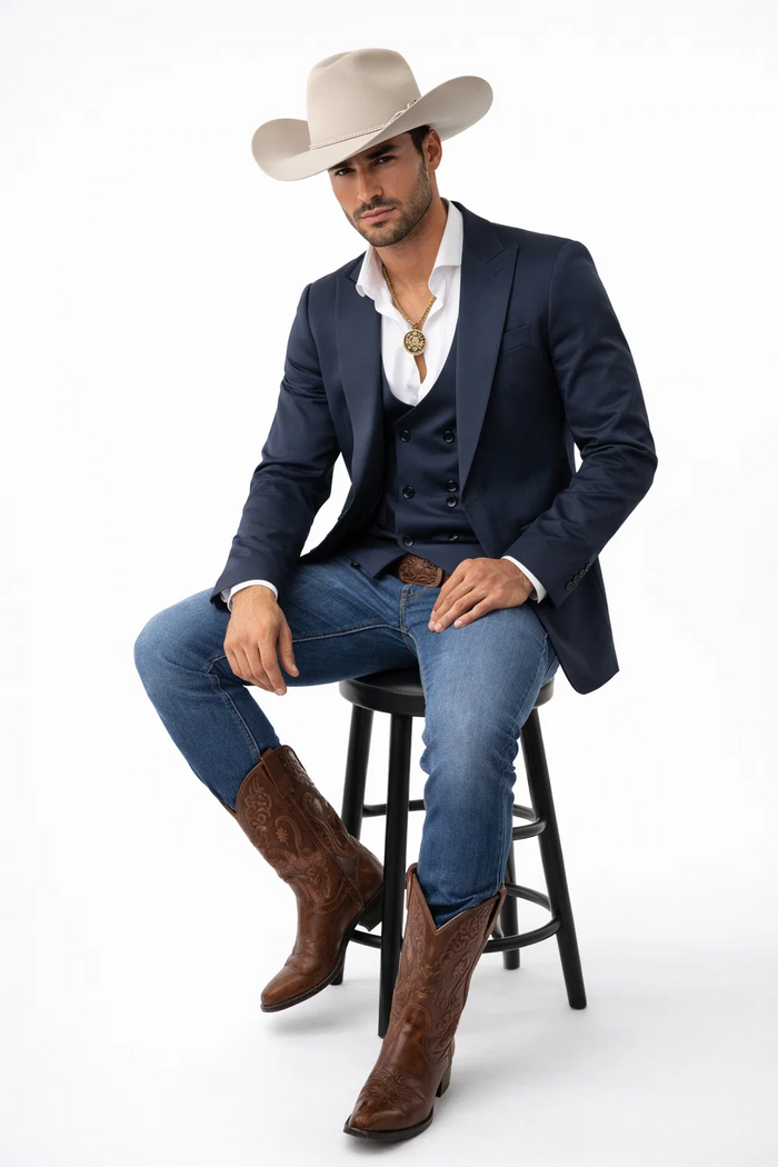 Mens Navy Western Suit Blazer with Double-Breasted Vest – Modern Cowboy Formal Outfit