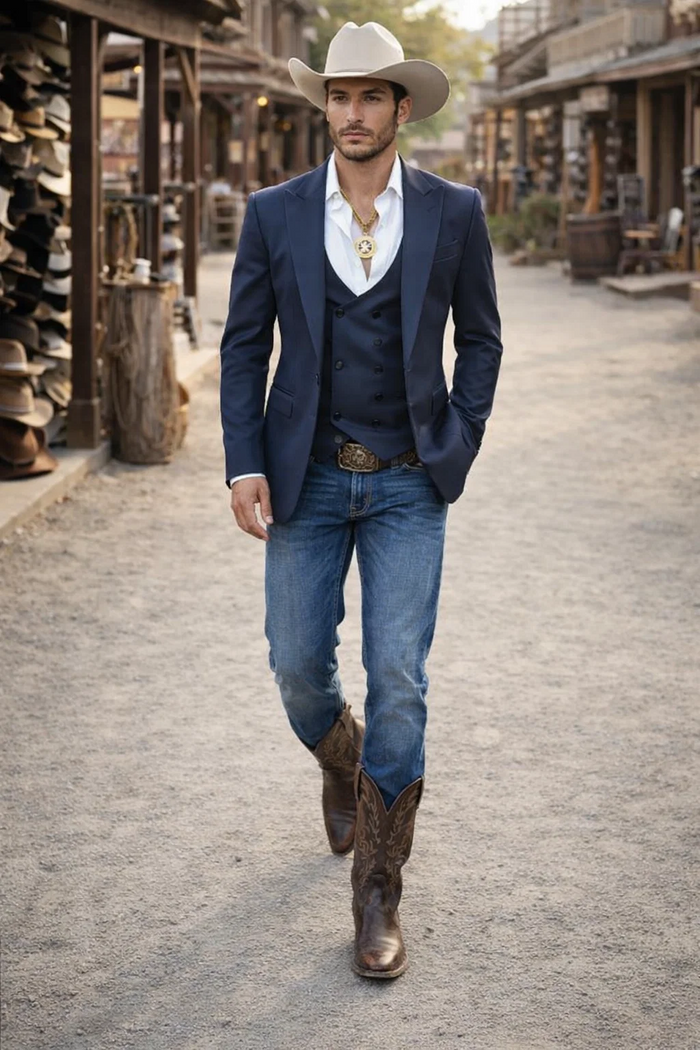 Mens Navy Western Suit Blazer with Double-Breasted Vest – Modern Cowboy Formal Outfit