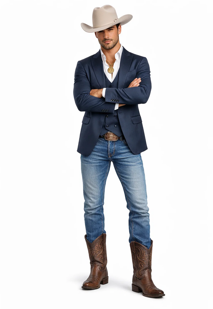 Mens Navy Western Suit Blazer with Double-Breasted Vest – Modern Cowboy Formal Outfit
