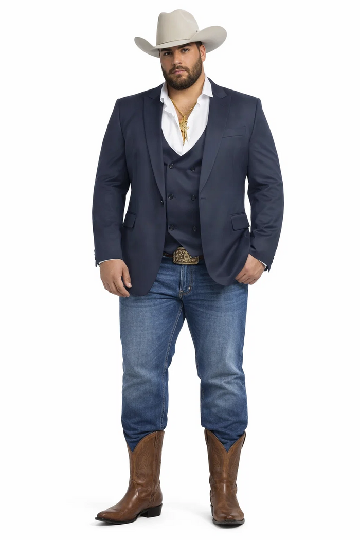 Mens Navy Western Suit Blazer with Double-Breasted Vest – Modern Cowboy Formal Outfit