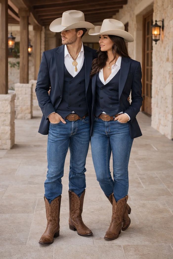 Mens Navy Western Suit Blazer with Double-Breasted Vest – Modern Cowboy Formal Outfit