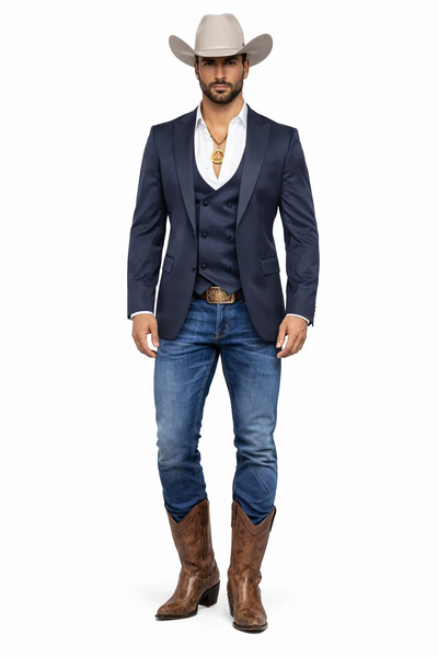 Mens Navy Western Suit Blazer with Double-Breasted Vest – Modern Cowboy Formal Outfit