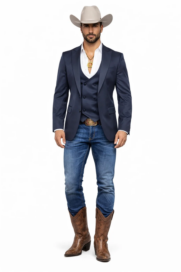 Mens Navy Western Suit Blazer with Double-Breasted Vest – Modern Cowboy Formal Outfit