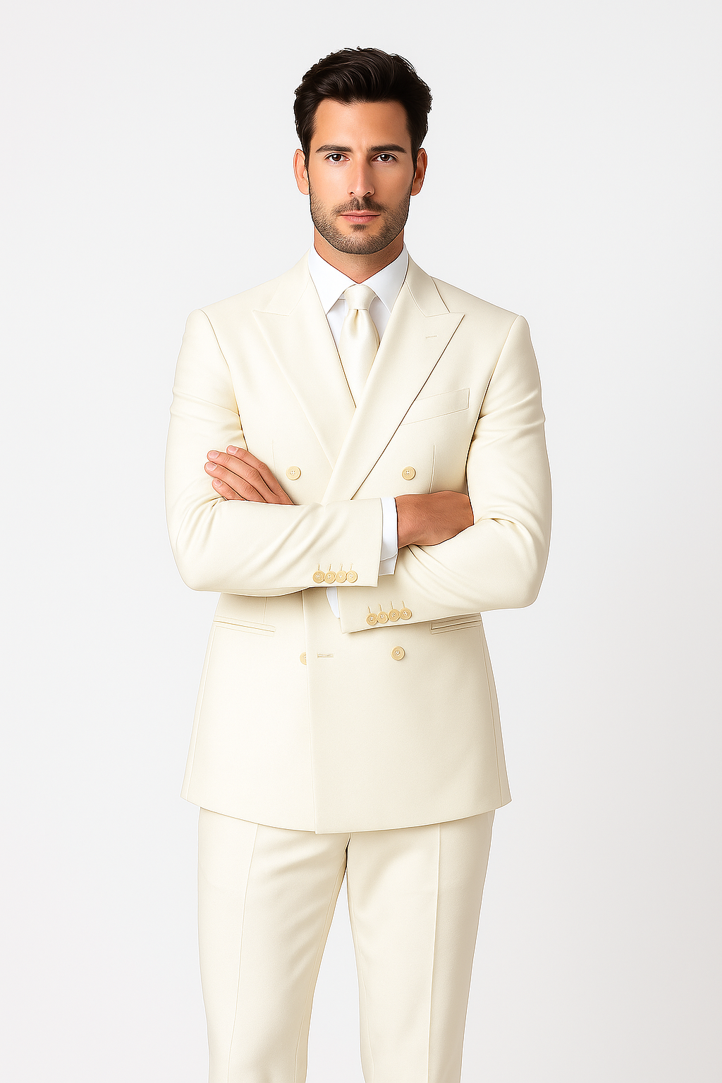 Men's Off White Double-Breasted 2-Piece Suit, Classic Fit Formalwear for Men