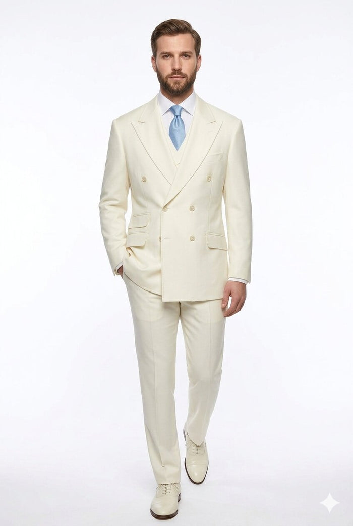 Tiglio Italian Suit - Real Wool Fabric Super 150's EST Off-White, Wide Leg Suit & Vest in Color Off-White