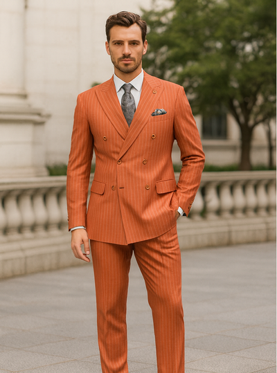 Orange Pinstripe Double-Breasted Suit for Men