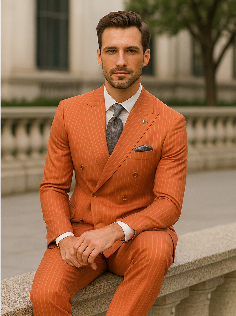 Orange Pinstripe Double-Breasted Suit for Men
