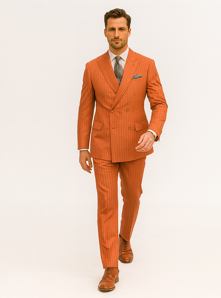 Orange Pinstripe Double-Breasted Suit for Men