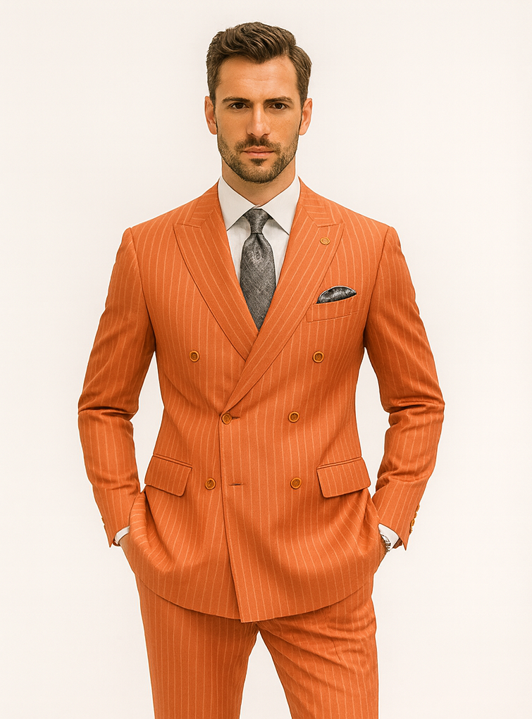 Orange Pinstripe Double-Breasted Suit for Men
