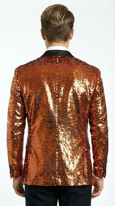 Mens Orange Sequin Blazer Tuxedo Dinner Jacket – Shiny Party Dinner Jacket with Black Lapel for Wedding, Prom, Stage Kingsman Jacket