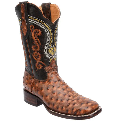 Men's Ostrich Print Leather Square Toe Boots - Shedron