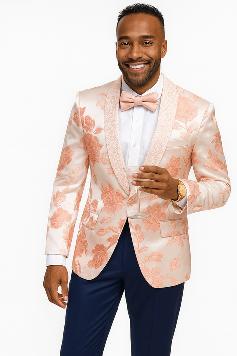 Mens Paisley Jeweled Shawl Prom Tuxedo in Blush Pink