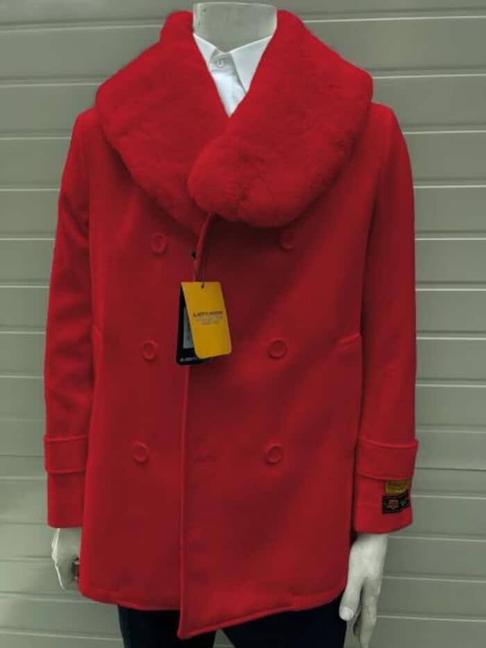 Men’s Red Wool Peacoat with Fur Collar
