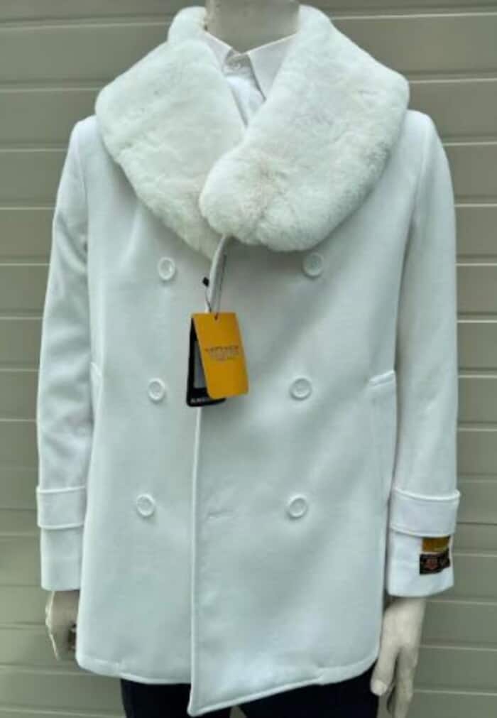 Men's White Wool Peacoat with Fur Collar