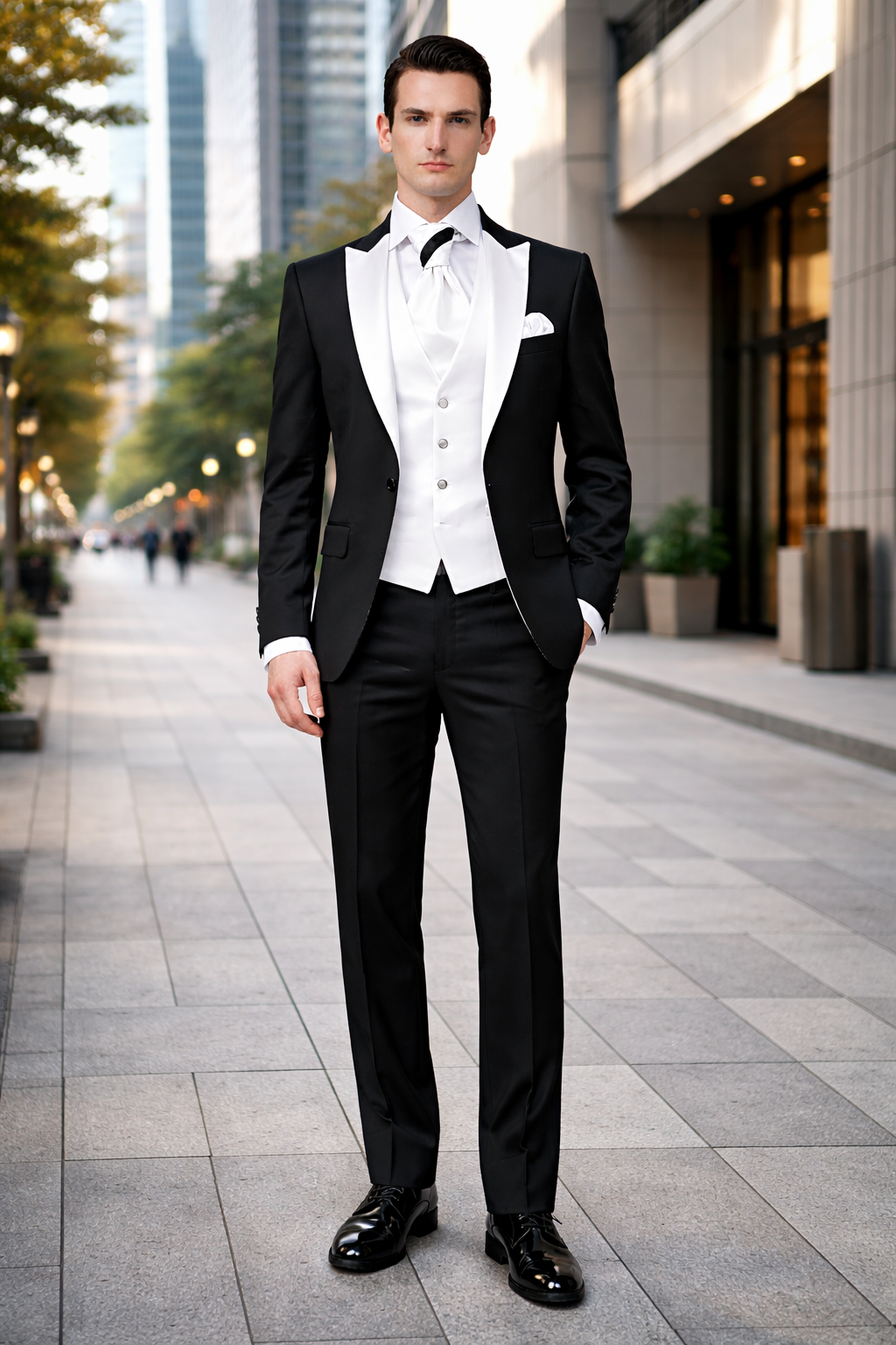Men's Black and White Lapel Peak Lapel Vested 3 Piece 1 Button Tuxedo With White Lapel Suit with white vest or black vest